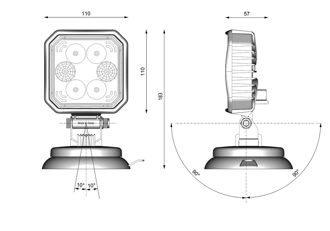 LED Arbeitsscheinwerfer CARBONLUX Quadrat 110X110mm mit Magnetfuss - DT  Anschlussstecker - Vignal
